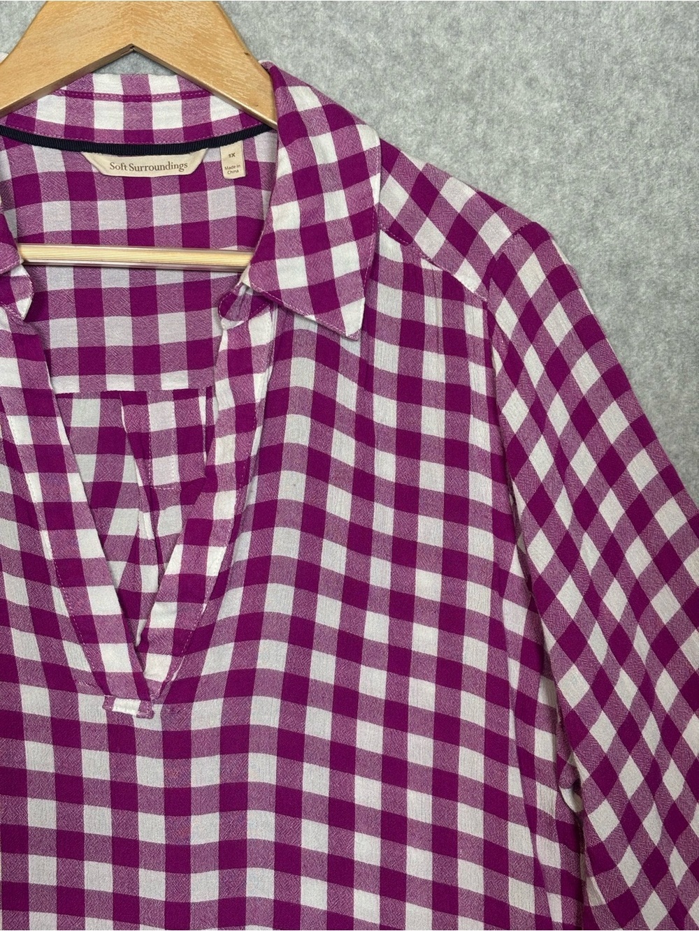 Soft Surroundings 3/4 Sleeve Gingham Tunic Blouse Top-Purple/White-Women Size 1X
